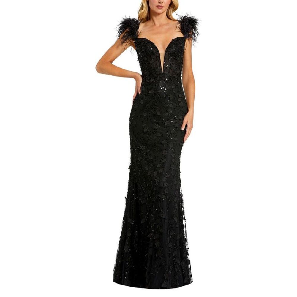 Mac Duggal Womens Sheer Applique Bustier Gown With Feather Straps, Black